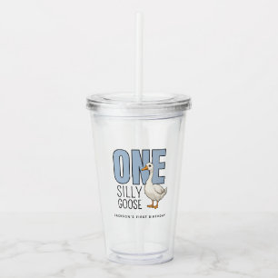 Custom Modern Blue One Silly Goose First Birthday Acrylic Tumbler