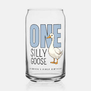 Custom Modern Blue One Silly Goose First Birthday Can Glass