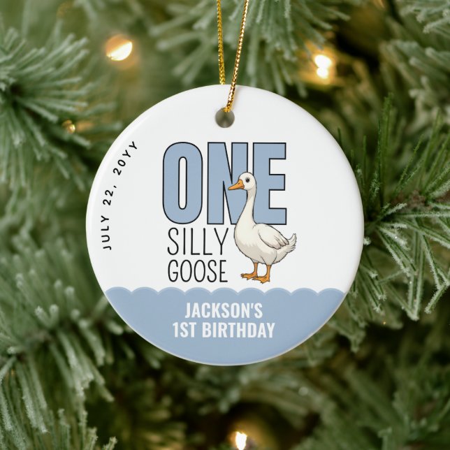 Custom Modern Blue One Silly Goose First Birthday Ceramic Tree Decoration (Tree)