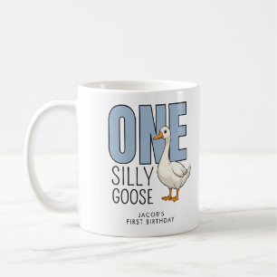 Custom Modern Blue One Silly Goose First Birthday Coffee Mug
