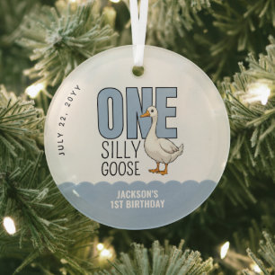 Custom Modern Blue One Silly Goose First Birthday Glass Tree Decoration