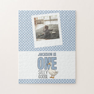 Custom Modern Blue One Silly Goose First Birthday Jigsaw Puzzle