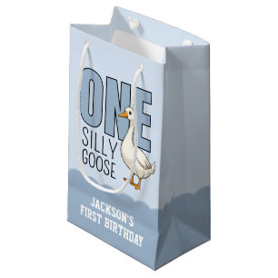 Custom Modern Blue One Silly Goose First Birthday Small Gift Bag