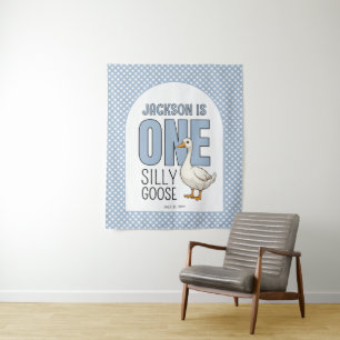 Custom Modern Blue One Silly Goose First Birthday Tapestry