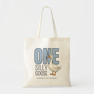 Custom Modern Blue One Silly Goose First Birthday Tote Bag
