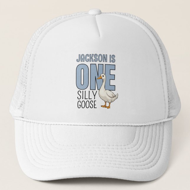 Custom Modern Blue One Silly Goose First Birthday Trucker Hat (Front)