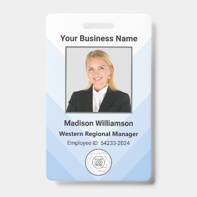 Custom Modern Blue White Business Employee Photo ID Badge (Front)