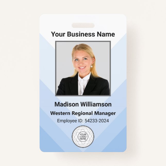 Custom Modern Blue White Business Employee Photo ID Badge (Front)