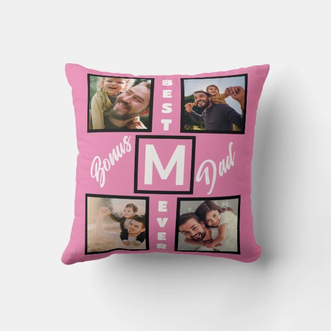 Custom Modern Bonus Dad Stepdad 4 Photo Collage Cushion (Back)