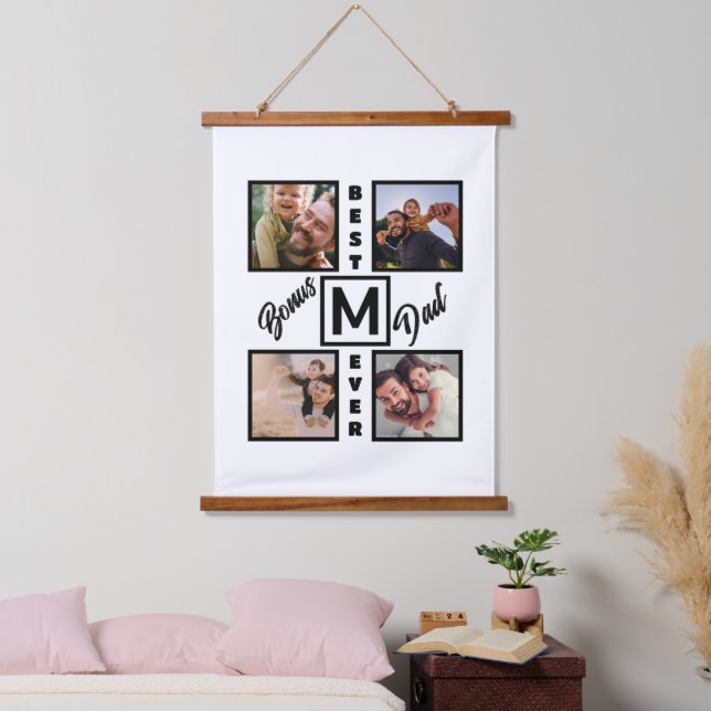Custom Modern Bonus Dad Stepdad 4 Photo Collage Hanging Tapestry (Bedroom)