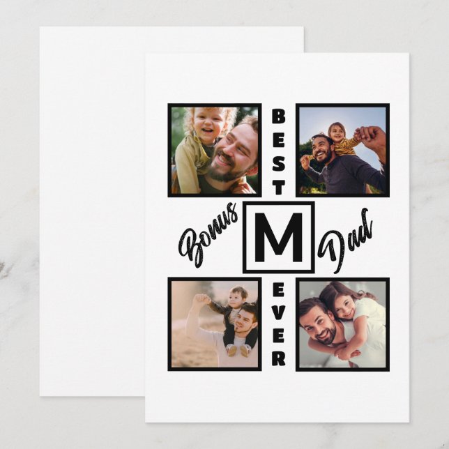 Custom Modern Bonus Dad Stepdad 4 Photo Collage Holiday Card (Front/Back)