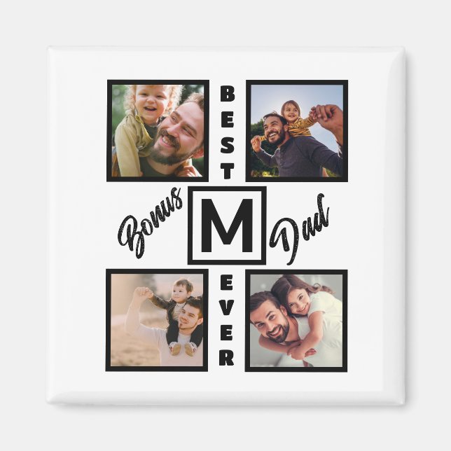 Custom Modern Bonus Dad Stepdad 4 Photo Collage Magnet (Front)