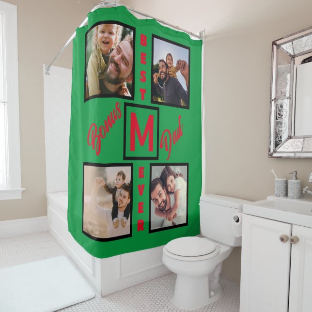 Custom Modern Bonus Dad Stepdad 4 Photo Collage Shower Curtain (In Situ)