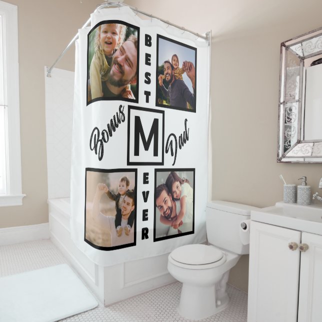 Custom Modern Bonus Dad Stepdad 4 Photo Collage Shower Curtain (In Situ)