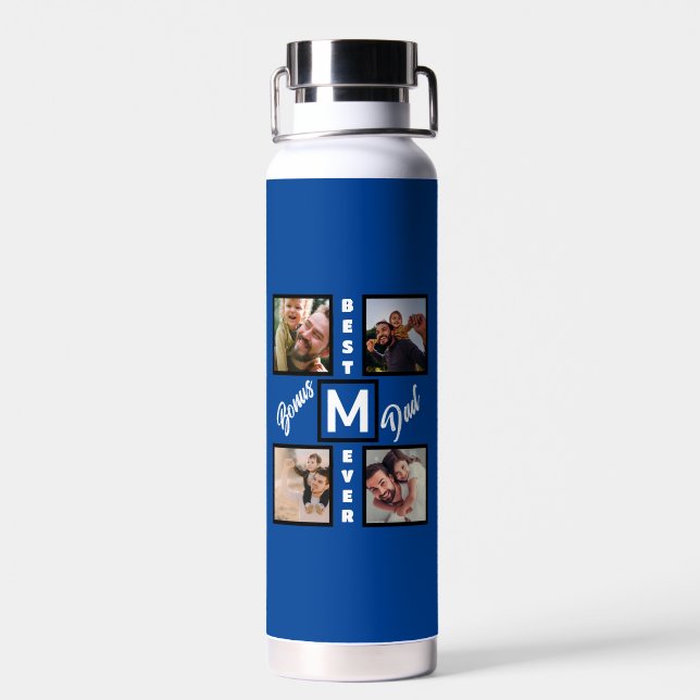 Custom Modern Bonus Dad Stepdad 4 Photo Collage Water Bottle (Back)