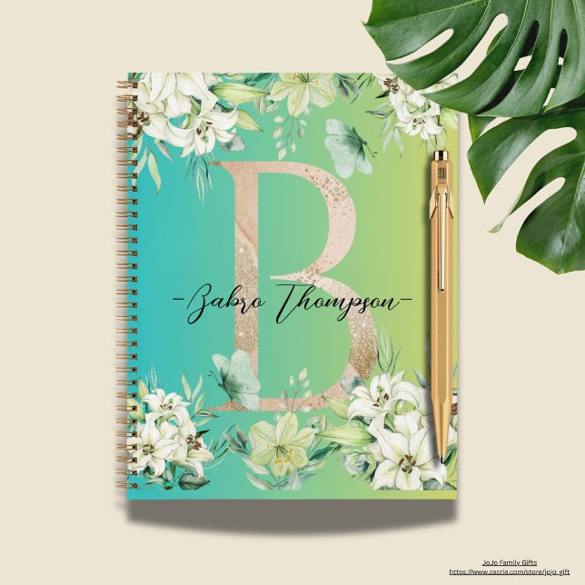 Custom modern botanical Gradient greenery Notebook (White floral gradient background in green. Cute monogram notebooks for her.)