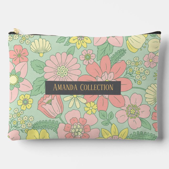 Custom modern botanical sage green golden letters accessory pouch (Front)