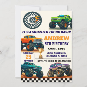Custom Modern Boy Monster Truck Party Birthday Invitation