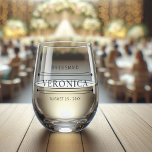 Custom Modern Bridesmaid Name Black Wedding Date Stemless Wine Glass<br><div class="desc">This tumbler embraces minimalism with its stemless design. No fuss, no frills—just pure elegance. Crafted from crystal-clear glass, it feels weighty in hand, promising both luxury and practicality. It can easily be customised with the bridesmaid’s name and your wedding date. Imagine each tumbler adorned with your bridesmaid’s name. Whether it’s...</div>