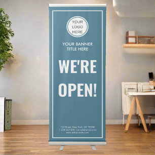 Custom Modern Business Logo Blue We're Open Retractable Banner