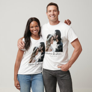 Custom Modern Calligraphy Couple Photo Name Date  T-Shirt