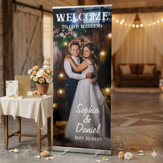 Custom Modern Calligraphy Wedding Welcome Photo Re Retractable Banner