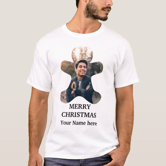 Custom Modern Christmas gingerbread man photo T-Shirt (Front)