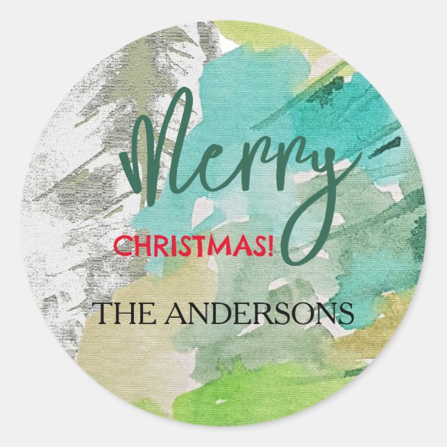 Custom Modern Christmas Tree Watercolor Art Classic Round Sticker (Front)