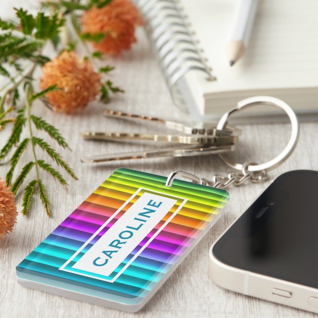 Custom Modern Colourful Rainbow Stripes Pattern Key Ring (Front Right)