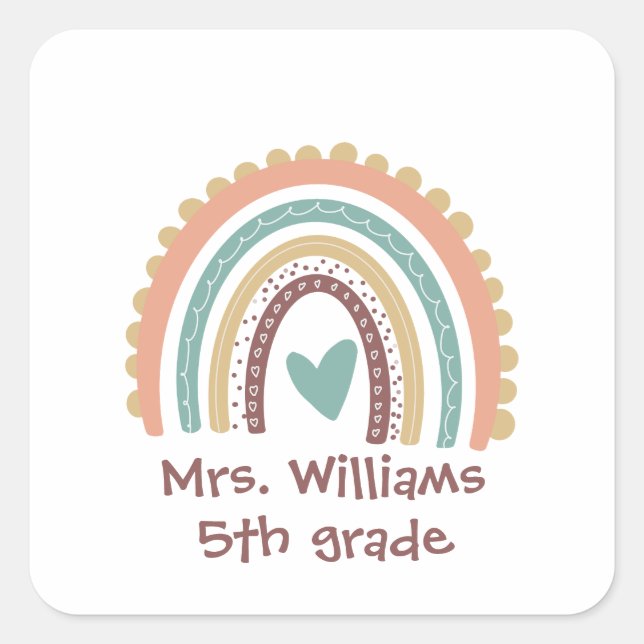 Custom Modern Cute Rainbow Teacher Square Sticker (Front)