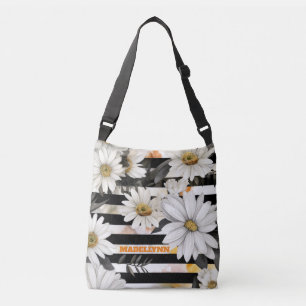 Custom Modern Daisy Black and White Striped Tote