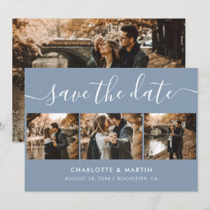 Custom Modern Dusty Blue Wedding 4 Photo Save The Date