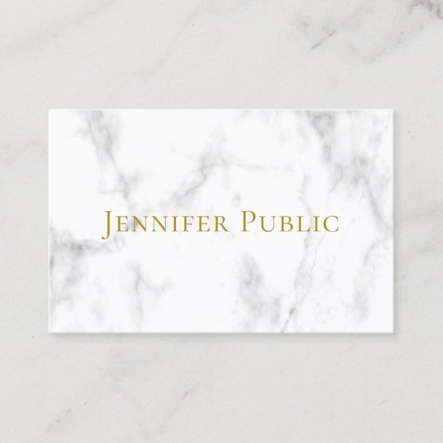 Custom Modern Elegant Gold Text White Marble Business Card (Front)