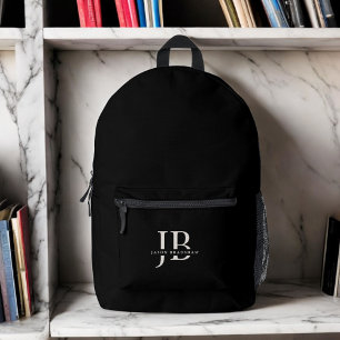 Custom Modern Elegant Monogram and Name Black Printed Backpack