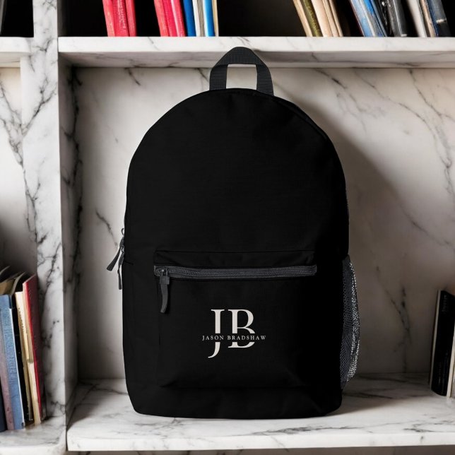 Custom Modern Elegant Monogram and Name Black Printed Backpack (Personalize with your name and monogram initials.)
