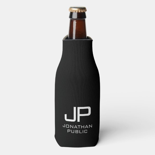 Custom Modern Elegant Monogram Black And White Bottle Cooler (Bottle Front)