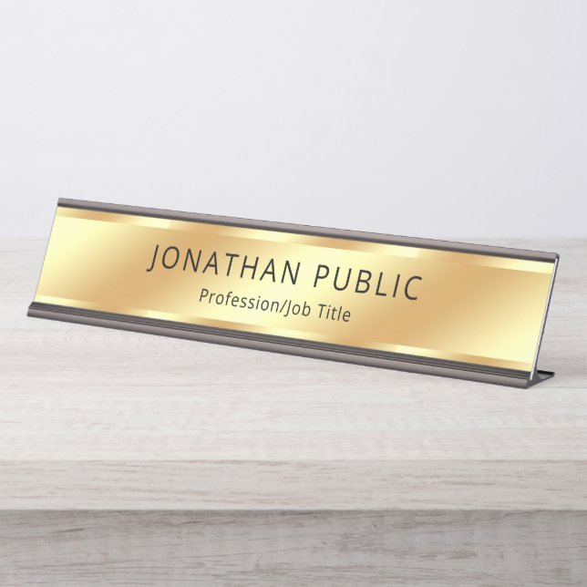 Custom Modern Elegant Template Black And Gold Desk Name Plate (Front)