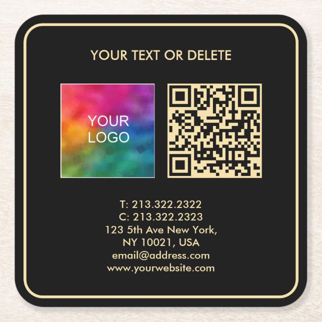 Custom Modern Elegant Template Black Gold QR Code Square Paper Coaster (Front)