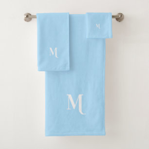 Custom Modern Elegant White Monogram Baby Blue Bath Towel Set