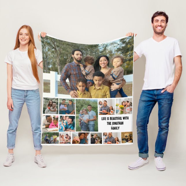 Custom Modern Family 14 Photo Collage Template Fleece Blanket (In Situ)