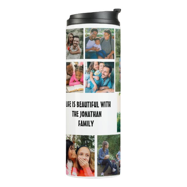Custom Modern Family 14 Photo Collage Template Thermal Tumbler (Rotated Left)