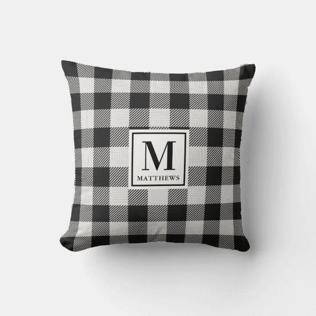 Custom Modern Farmhouse Black and White Monogram Cushion (Front)