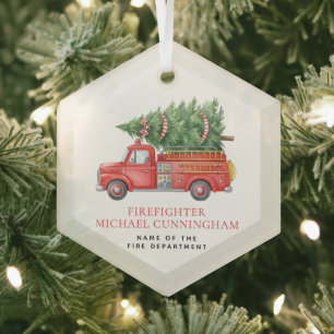 Custom Modern Firefighter Christmas Fire Truck  Glass Tree Decoration