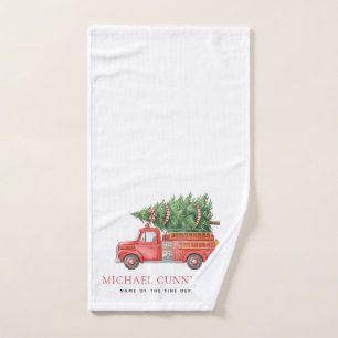 Custom Modern Firefighter Christmas Fire Truck Hand Towel