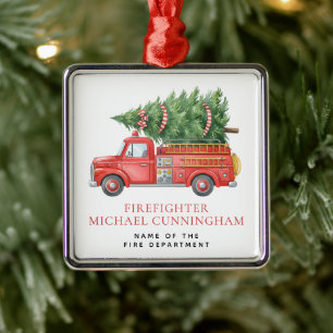Custom Modern Firefighter Christmas Fire Truck Metal Tree Decoration