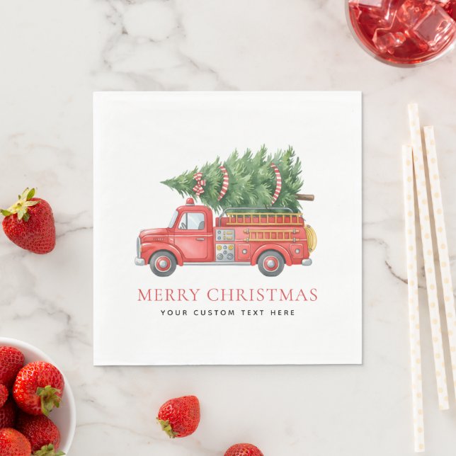 Custom Modern Firefighter Christmas Fire Truck  Napkin (Insitu)