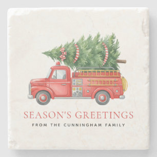 Custom Modern Firefighter Christmas Fire Truck  Stone Coaster