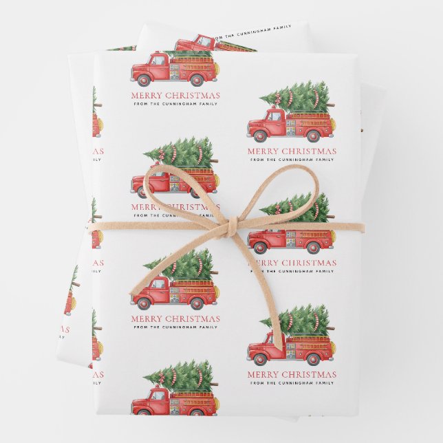 Custom Modern Firefighter Christmas Fire Truck  Wrapping Paper Sheet (In situ)