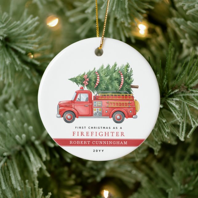 Custom Modern Firefighter First Christmas  Ceramic Tree Decoration (Tree)