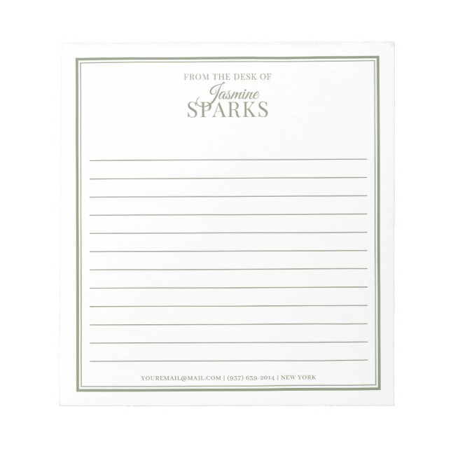 Custom Modern From the Desk of Name Lined Green Notepad (Front)